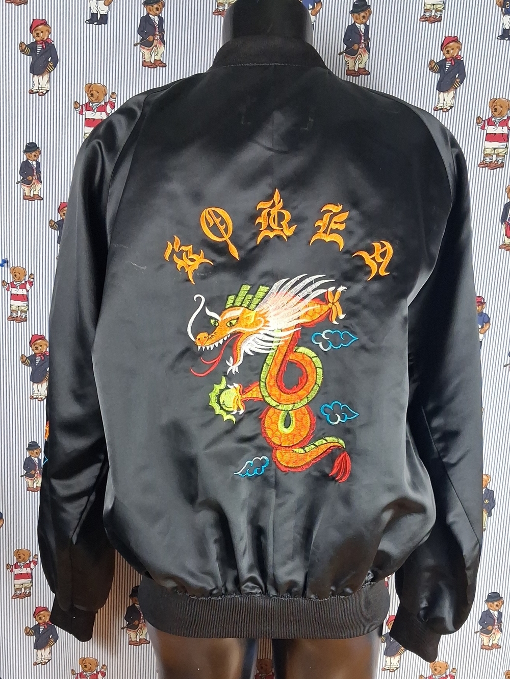 Vintage 90s Korea Embroidered Dragon Spell Out Zip Black Xl Satin Bomber Jacket